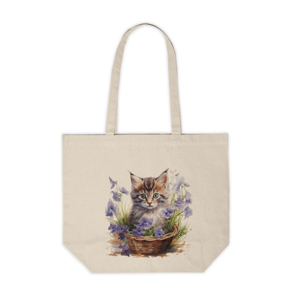 Floral Cat In A Basket Custom Canvas Tote Bag